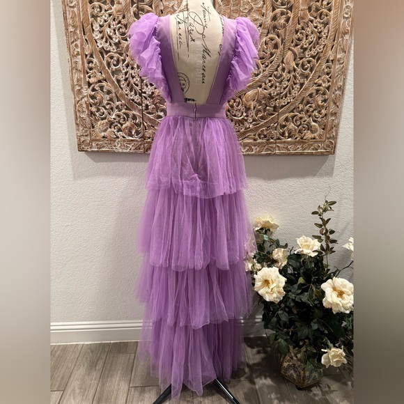 Faeriesty Plunging Neck Backless Ruffle Trim A Line Dress, Lavender- size XS - Picture 3 of 13